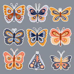 Naklejka na ściany i meble Butterfly stickers set. Drawn style. Vector illustration.