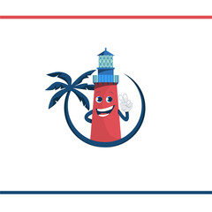 Cartoon character of lighthouse with smile in a round frame with a palm tree. Logo design. Vectror illustration