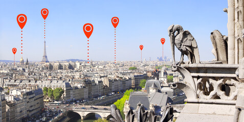 Network connection concept. Aerial view of  Paris and red location pins