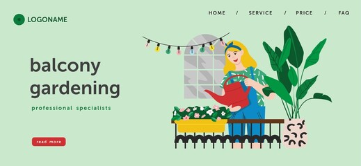 Girl with a watering can is watering flowers on the balcony isolated on white. Women's hobby. Balcony gardening. Concept of caring for plants in home. Vegetable garden in the city. Vector illustration