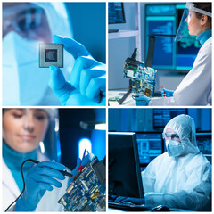 Microelectronics engineers work in a modern scientific laboratory on computing systems and...
