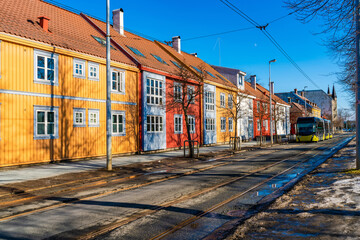 Street view of  colorful wooden houses in Trondheim. Norway