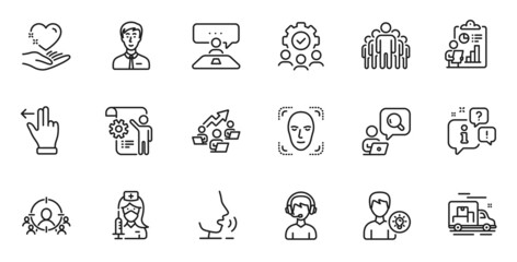 Outline set of Report, Touchscreen gesture and Face detection line icons for web application. Talk, information, delivery truck outline icon. Vector