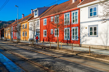 Street view of  colorful wooden houses in Trondheim. Norway