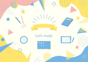 文房具アイコンと幾何学模様のフレーム