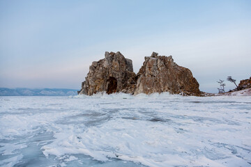 Baikal frozen lake, Olkhon island. Clear ice and snow
