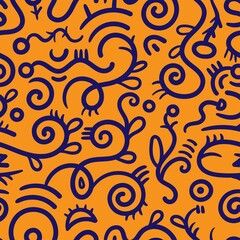 Seamless pattern with different plants on orange background. Vector print with herbs. Cartoon doodle forest.