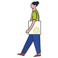 Grafika wektorowa, kobieta z eko torbą. Ochrona środowiska, ekologia, zero waste. 
