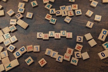 CHANGE - a word made of scattered wooden blocks with letters on development concept . High quality photo