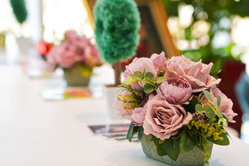 Floral arrangements deco with artificial flowers bouquets used as interior decorations in a lounge