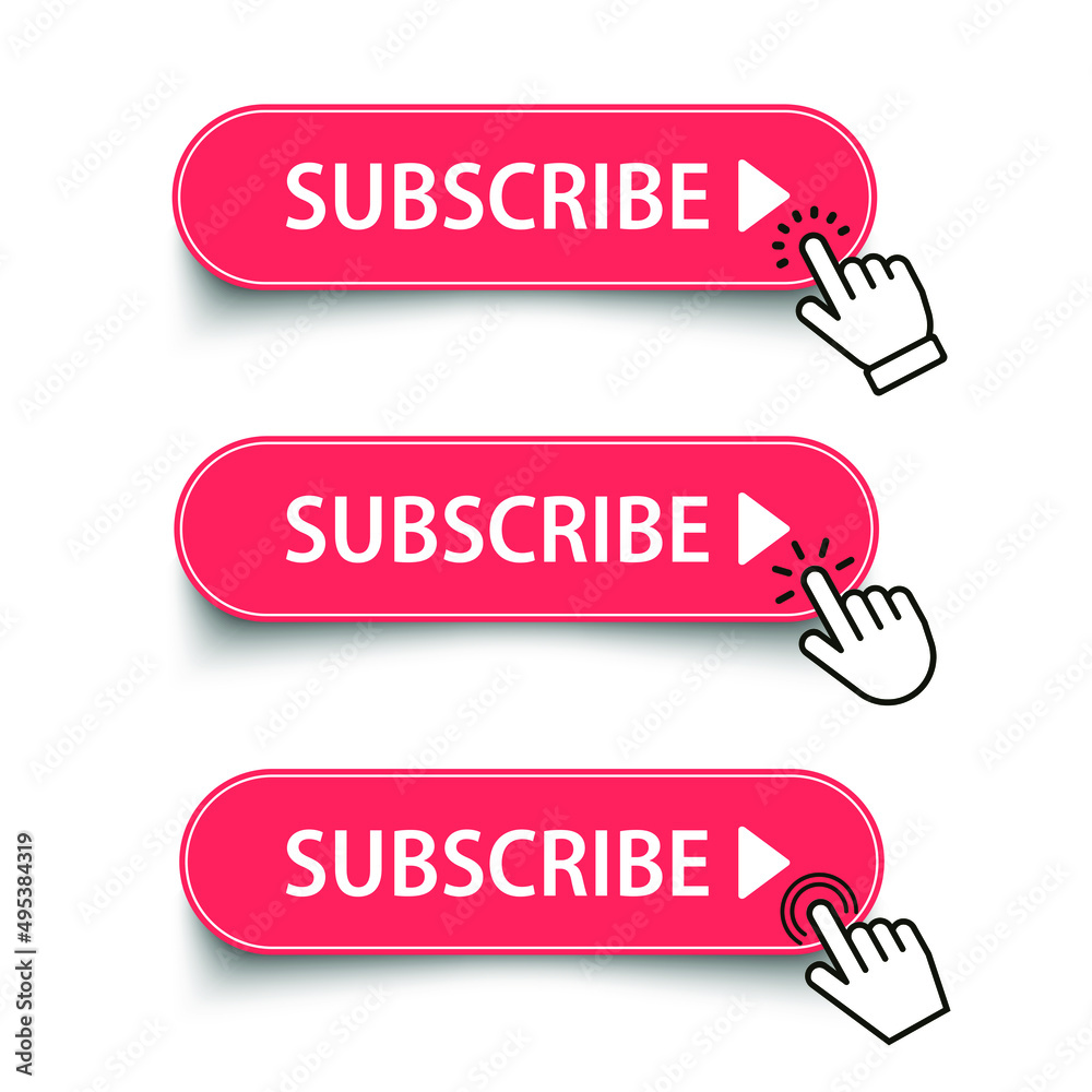 Poster subscribe red button set click cursor or pointer. subscribing. eps 10. vector illustration