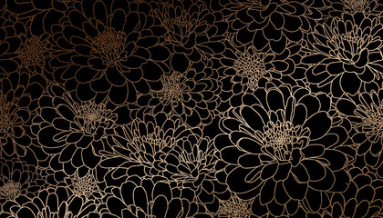 Golden chrysanthemum flowers in hand drawn line art on black background. Decorative print for wallpapers, wrappings, wedding invitations, greetings, backdrops.