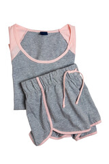 Obraz premium Night gown isolated. Close-up of gray pink female sexy nightwear summer set of shorts and a top or shirt isolated on a white background. Clipping path. Fashionable night wear or nighties.