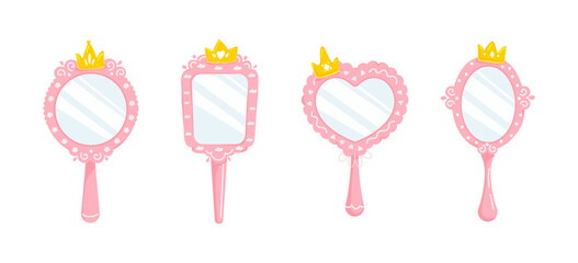 Princess hand mirror.Set of pink mirrors with gold crown for girl.Cartoon style