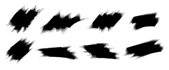 Set of Grunge Halftone Elements. Monochrome Brush Stroke Texture. Modern Abstract Background.