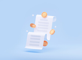 3D Receipt or bill c on blue bacground. With flying coins. 3d rendering illustration.