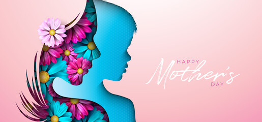 Happy Mother's Day Greeting Card Design with Spring Flower in Woman Face and Child Silhouette on Light Pink Background. Vector Mothers Day Illustration for Banner, Flyer, Invitation, Brochure, Poster.