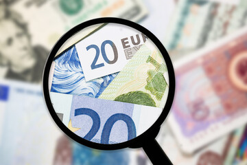 Inflation background. Currency exchange. Euro and dollar bills. Global financial crisis. Seeking...