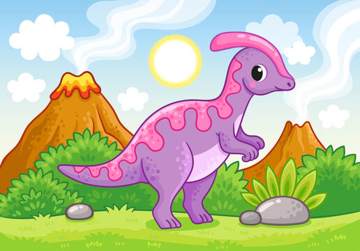 Vector illustration with an parasaurolophus. Cute dinosaur in cartoon style.