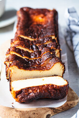 Homemade rectangular San Sebastian burnt cheesecake for breakfast.