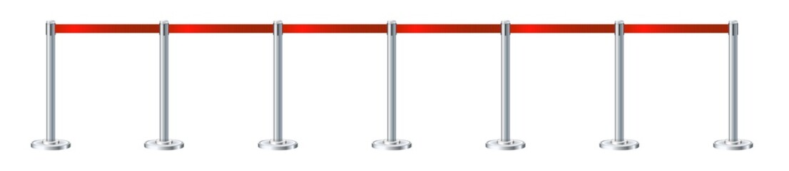 Retractable belt rack. Portable tape barrier. Red tape for fencing. Red carpet with red ropes on silver supports. Exclusive event, movie premiere, gala concert, awards ceremony.