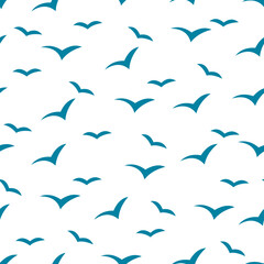  Seamless pattern with birds on white background. Blue silhouettes of seagulls flying in the sky. Vector illustration.