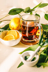 Cup tea with brewing inside, lemon, eucalyptus leaves on white table background.