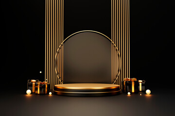 Cylindrical Black and gold luxury podium pedestal product display and gift box background 3d rendering