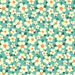 Cute floral print, spring botanical background with cartoon daisies on a blue field. Seamless pattern with simple decorative flowers, leaves, painted meadow. Vector illustration.