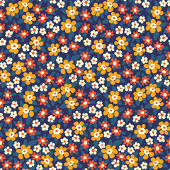 Fototapeta na wymiar Cute floral print with small flowers in different colors, leaves on a dark field. Seamless pattern, simple botanical background with painted meadow. Nice floral texture with small plants. Vector.