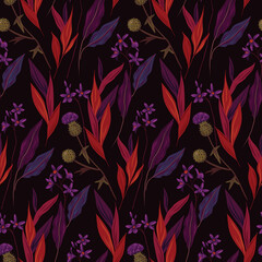 Fototapeta na wymiar Seamless pattern with painted wild flowers. Floral print, botanical background with thistle flowers, leaves and herbs in purple. Painted plants on a dark field. Vector illustration.