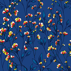 Vintage floral print, elegant botanical background with graceful floral branches on a blue surface. Seamless pattern with painted twigs, small flowers, leaves. Vector illustration.