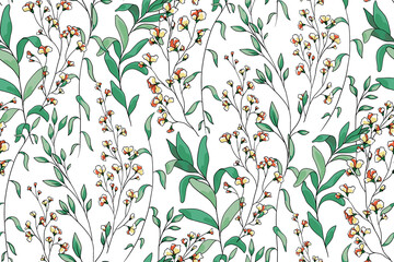 Delicate floral print, seamless pattern with gently painted flower branches, leaves, foliage and herbs on a light field. Romantic botanical background with pastel plants. Vector illustration.