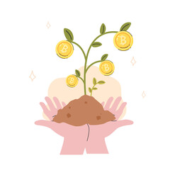 Two hands growing a cryptocurrency sprout cartoon flat vector illustration isolated on white background. Cryptocurrency investment in modern technology concept.