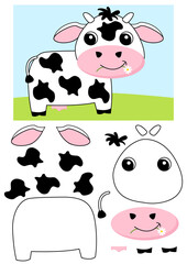Cow eating a flower on a green meadow. Vector education game collage children illustration.