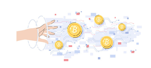 A hand reaching to a cryptocurrency coin on digital circuit background cartoon flat vector illustration isolated on white background. Cryptocurrency investment in modern technology concept.