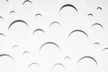 White simple geometric background with circles in hard light with dark shadows as energy stable pattern, top view. Futuristic minimal backdrop for advertising, design of poster, flyer, cover book.