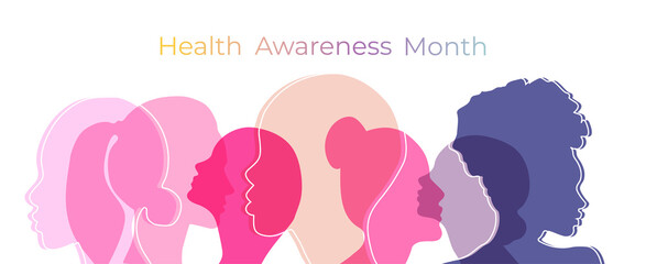 Awareness Month banner with colorful silhouette womans.
