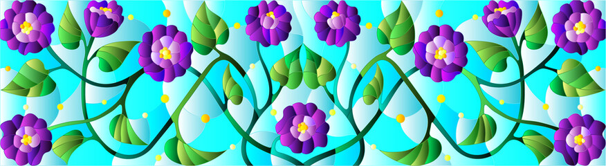 Illustration in stained glass style with abstract purple flowers on a blue background