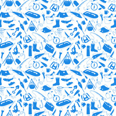 Seamless pattern on the theme of outdoor recreation and fishing, a blue silhouettes of icons on the light background 