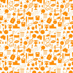 Seamless background on a theme sports and physical development , an orange  silhouettes of icons on the white background 