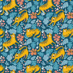 Vector seamless pattern with cute tigers and tropical leaves and flowers. Cute natural repeat background for kids design. Fabric design.