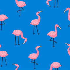 Simplicity seamless pattern with pink flamingo on the blue background. Vector fabric bird design.