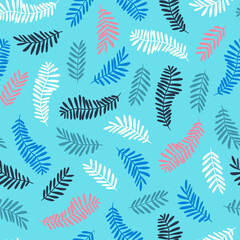 Fototapeta na wymiar Seamless natural design for fabric, wallpaper or wrapping. Tropical palm leaves on the blue background. 