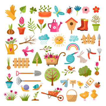 Springtime. Decorative season pictures birds animals flowers branches leaves grass gardening tools recent vector colored template