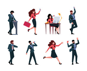 Office drinking. Business managers talking and drinking water from refreshing coolers garish vector flat characters standing