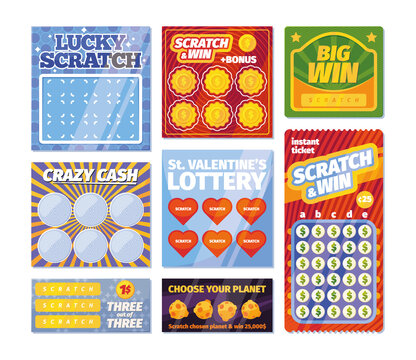 Lottery tickets. Scratching printing lottery winning royal cards with victory prizes garish vector templates colored set