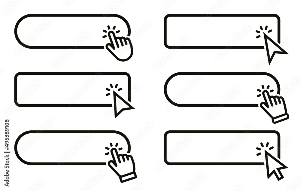 Leinwandbilder Click Here Button with hand or mouse cursor. Click button. Modern action button. Computer mouse cursor or hand pointer symbol. Set for button website design. Vector illustration