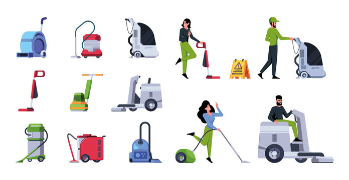 Cleaning staff workers. Professional commercial cleaning service team with industrial vacuum cleaner flooring with mops garish vector pictures set
