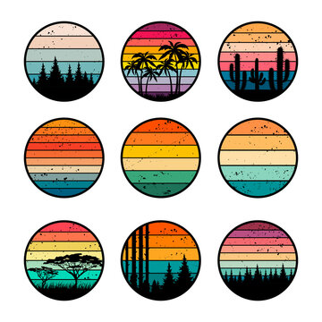 Sunset retro badges. 90s vintage stylized colored gradients templates for labels design grunge surfing ocean logos recent vector vector collection set